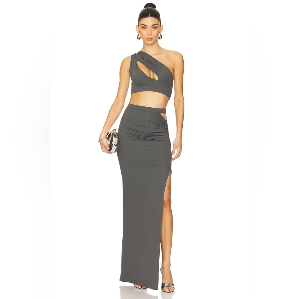 REVOLVE Olive Gray One-Shoulder Cutout Skirt Set